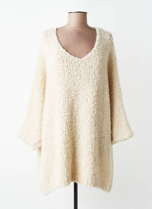 Pull tunique maille ajourée manches longues beige MADE IN ITALY femme