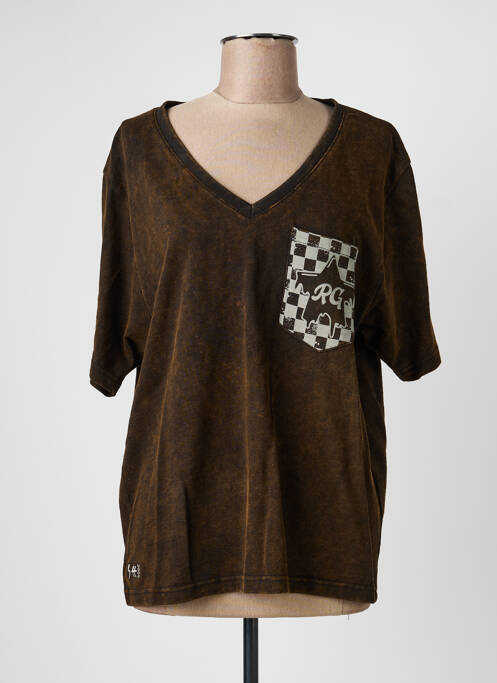 T-shirt col v manches courtes marron ROSE GARDEN femme