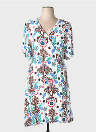 Robe mi-longue imprimé fleurs manches courtes blanc C'EST BEAU LA VIE femme