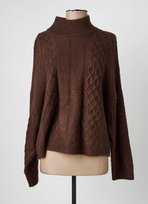 Pull col roulé maille tricot manches longues marron ICHI femme