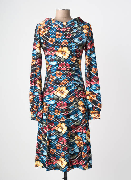 Robe mi-longue imprimé fleurs manches longues noir MARGOT femme