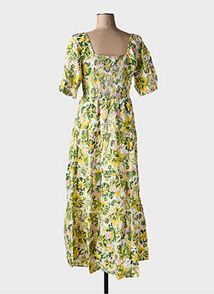 Robe mi-longue imprimé fantaisie manches courtes jaune ANGE femme