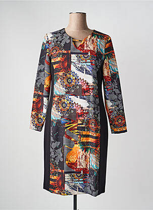 Robe mi-longue imprimé fantaisie manches longues noir JUMFIL femme