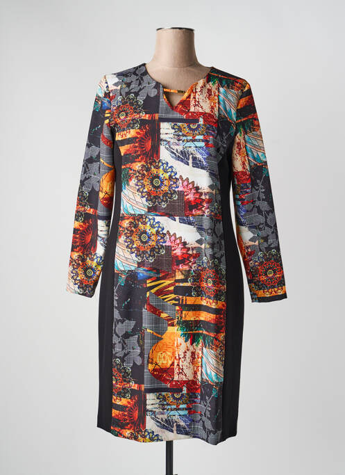 Robe mi-longue imprimé fantaisie manches longues noir JUMFIL femme