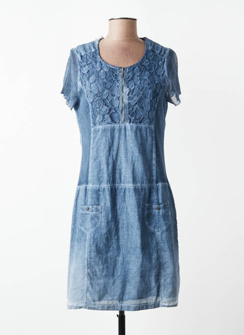 Robe mi-longue tissage crêpe manches courtes bleu JUMFIL femme