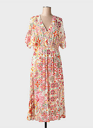 Robe longue imprimé fantaisie manches courtes beige C'EST BEAU LA VIE femme