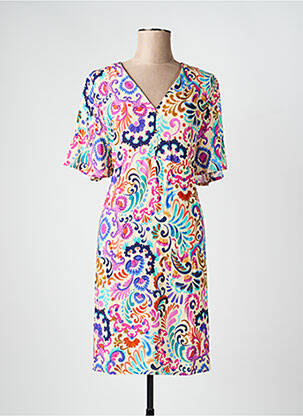 Robe mi-longue imprimé fantaisie manches courtes rose JULIE GUERLANDE femme
