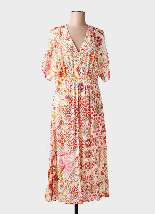 Robe longue imprimé fantaisie manches courtes beige C'EST BEAU LA VIE femme