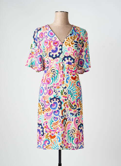 Robe mi-longue imprimé fantaisie manches courtes rose JULIE GUERLANDE femme