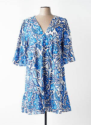 Robe mi-longue imprimé fleurs manches longues bleu C'EST BEAU LA VIE femme