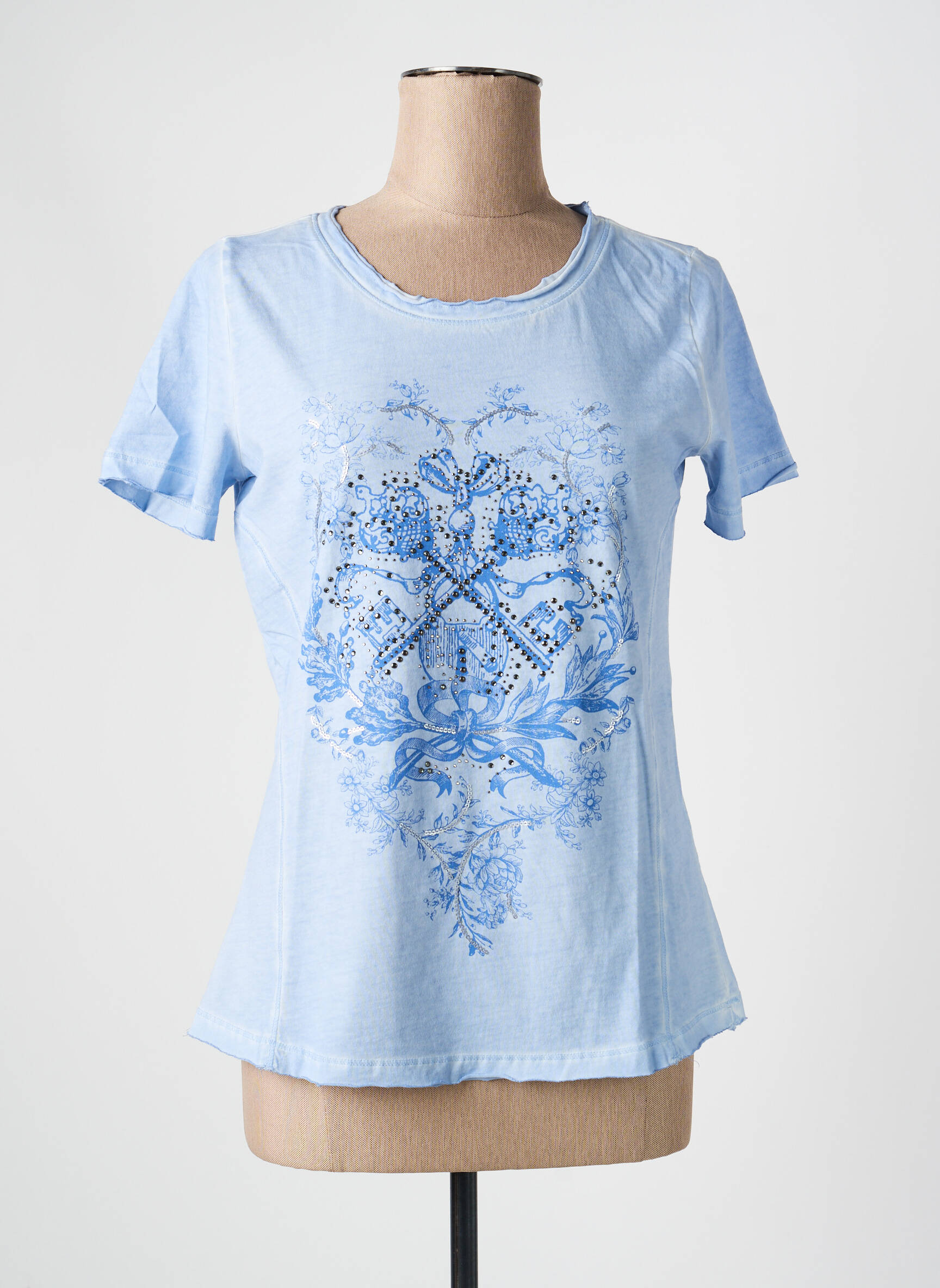 T-shirt sérigraphie avec strass manches courtes bleu HEINE femme