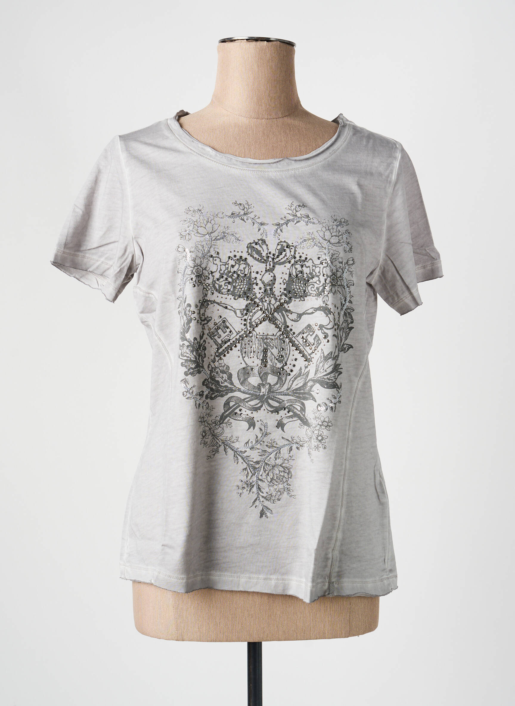 T-shirt sérigraphie avec strass manches courtes gris HEINE femme