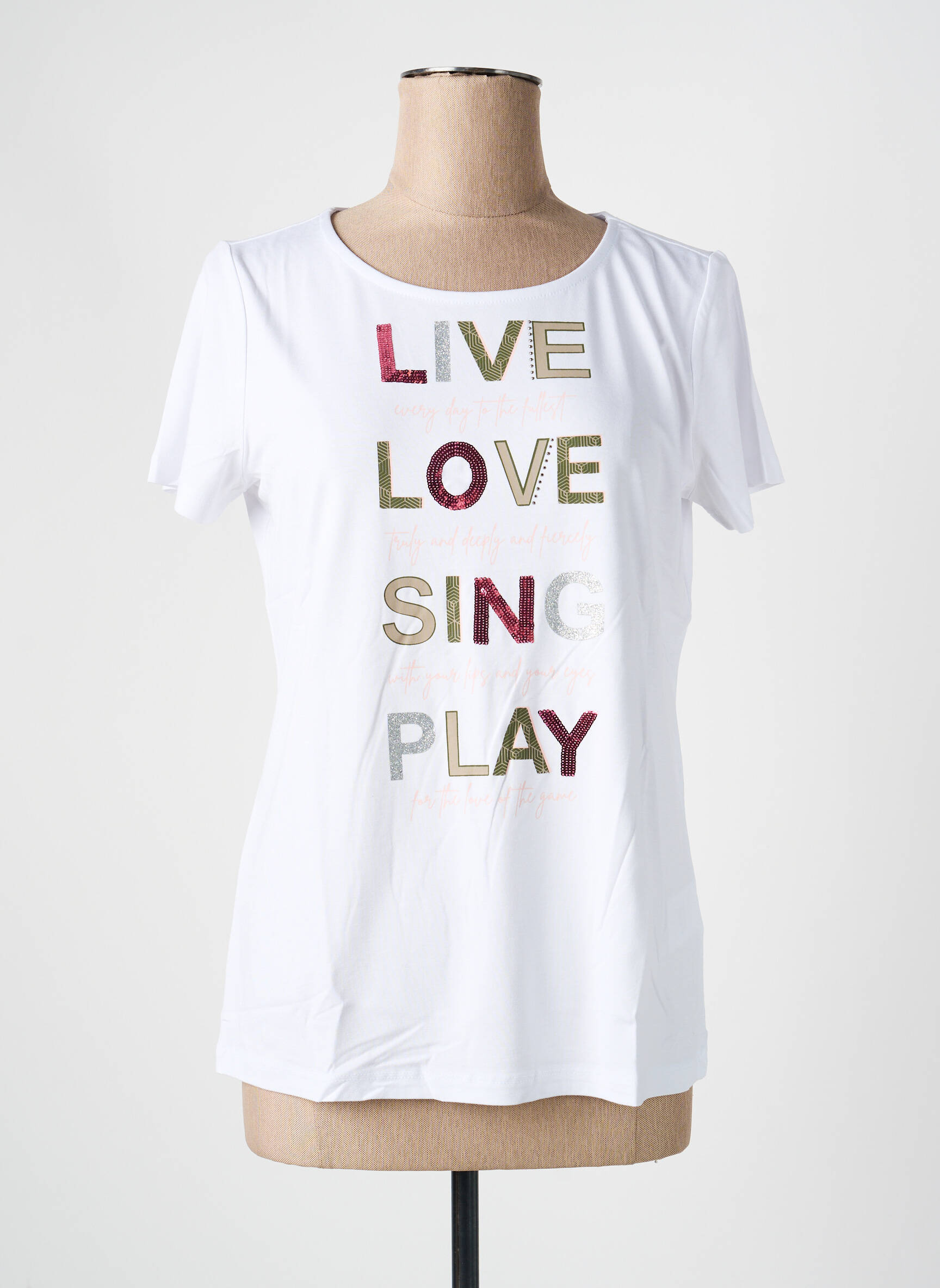 T-shirt sérigraphie avec strass manches courtes blanc HEINE femme