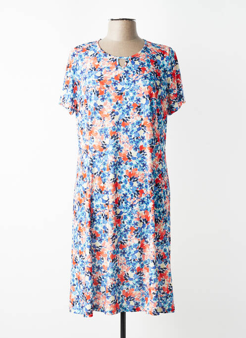 Robe mi-longue imprimé fleurs manches courtes bleu FRANCE RIVOIRE femme