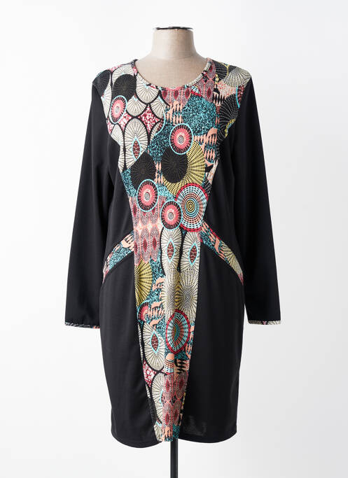 Robe mi-longue imprimé fantaisie manches longues noir PLURIELLES femme
