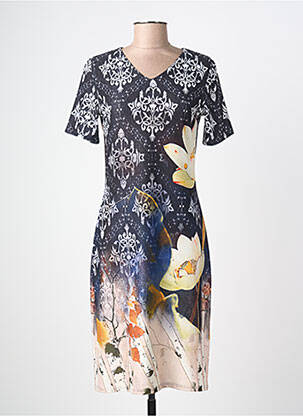 Robe mi-longue imprimé fantaisie manches courtes noir GEVANA femme