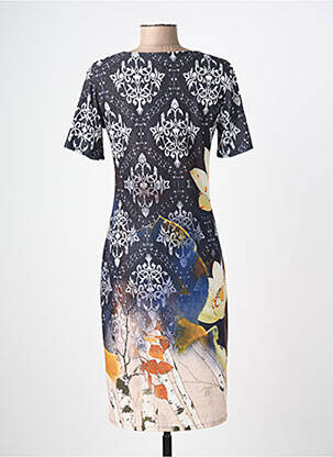 Robe mi-longue imprimé fantaisie manches courtes noir GEVANA femme