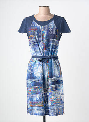 Robe mi-longue imprimé fantaisie manches courtes bleu FRANCE RIVOIRE femme