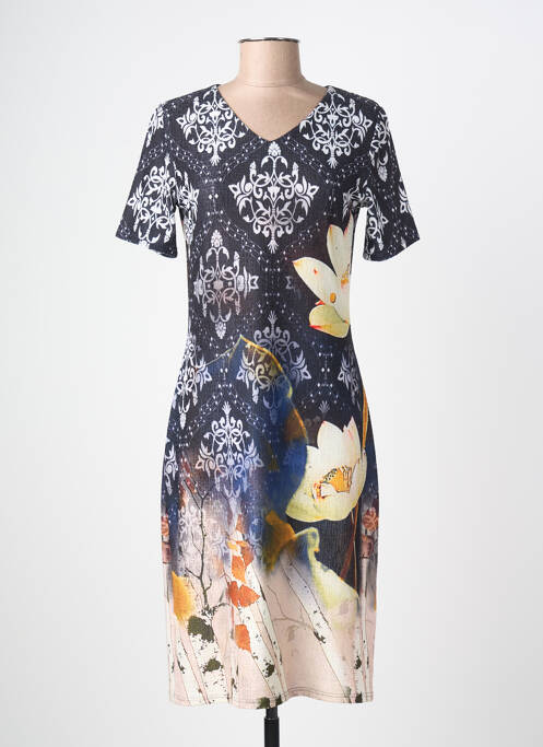 Robe mi-longue imprimé fantaisie manches courtes noir GEVANA femme