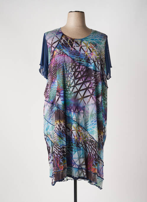 Robe mi-longue coupe fluide manches courtes bleu FRANCE RIVOIRE femme