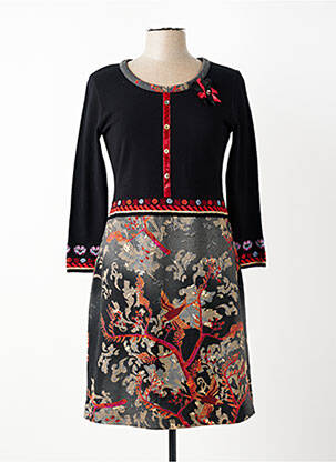 Robe mi-longue imprimé fantaisie manches longues noir OLIVIER PHILIPS femme
