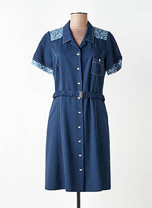 Robe mi-longue tissage crêpe manches courtes bleu GUY DUBOUIS femme