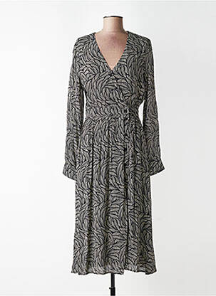 Robe mi-longue imprimé fantaisie manches longues noir IDANO femme