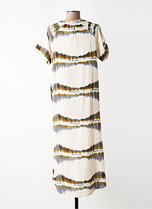 Robe longue imprimé fantaisie manches courtes beige FIVE femme
