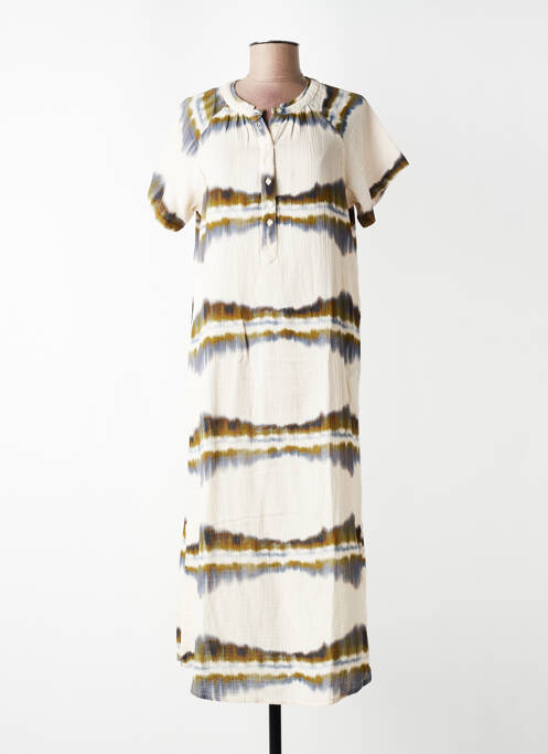 Robe longue imprimé fantaisie manches courtes beige FIVE femme