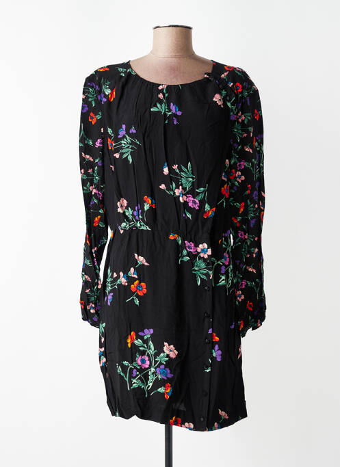 Robe mi-longue imprimé fleurs manches longues noir IDANO femme