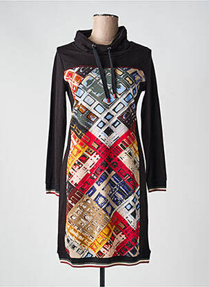 Robe mi-longue imprimé fantaisie manches longues noir DOLCEZZA femme
