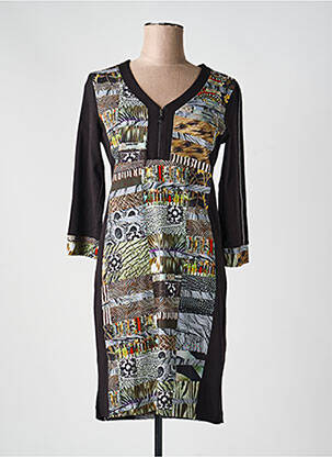 Robe mi-longue imprimé fantaisie manches longues noir DOLCEZZA femme