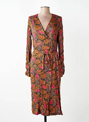 Robe mi-longue imprimé fleurs manches longues marron WOW TO GO femme