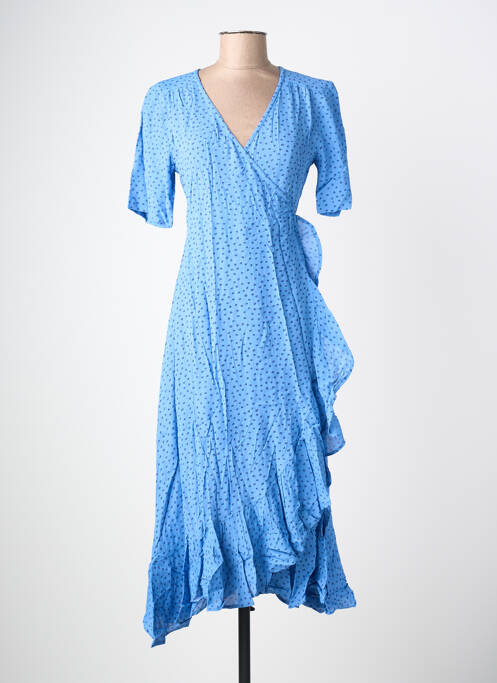 Robe mi-longue tissage crêpe manches courtes bleu POMODORO femme
