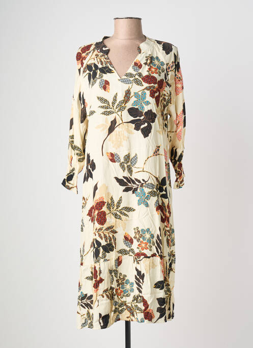 Robe mi-longue imprimé fleurs manches longues beige POMODORO femme