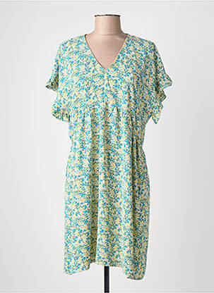 Robe mi-longue imprimé fleurs manches courtes bleu LE TEMPS DES CERISES femme