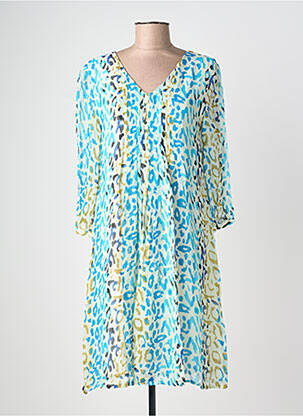 Robe mi-longue coupe fluide manches longues bleu POMODORO femme