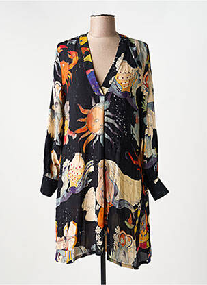 Robe mi-longue imprimé fantaisie manches longues noir HOD femme
