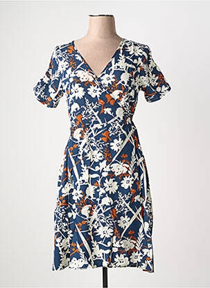 Robe mi-longue imprimé fleurs manches courtes bleu COTON DU MONDE femme