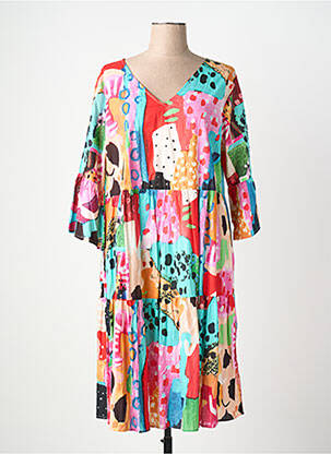 Robe mi-longue imprimé fantaisie manches longues rouge ORIENTIQUE NATURALLY femme