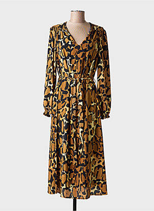 Robe mi-longue tissage crêpe manches longues marron SIGNE NATURE femme