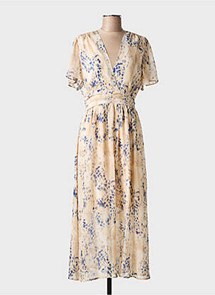 Robe longue imprimé fantaisie manches courtes beige BY ONE femme