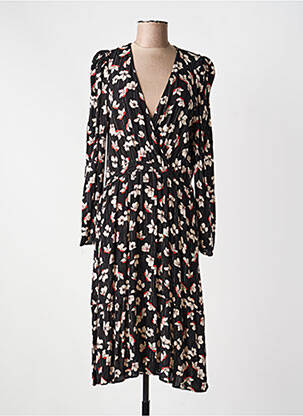 Robe mi-longue imprimé fantaisie manches longues noir ANGE femme