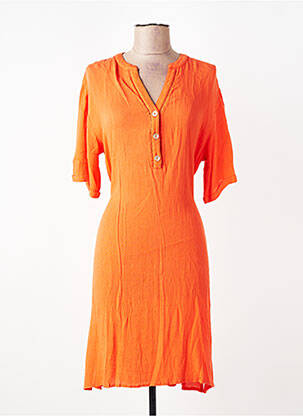 Robe mi-longue tissage crêpe manches courtes orange CANAT femme