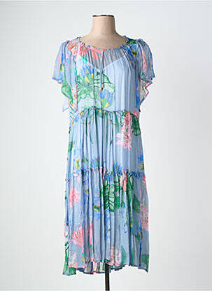 Robe mi-longue coupe fluide manches courtes bleu TRICOT CHIC femme