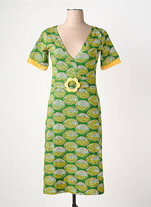 Robe mi-longue imprimé fantaisie manches courtes vert MARGOT femme