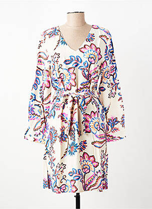 Robe mi-longue imprimé fleurs manches longues beige AKOZ DE TOI femme