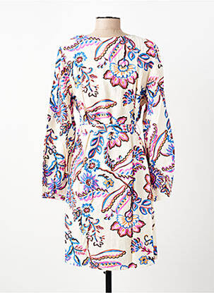Robe mi-longue imprimé fleurs manches longues beige AKOZ DE TOI femme