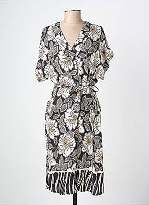Robe mi-longue imprimé fleurs manches courtes noir COULEURS DU TEMPS femme