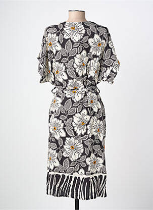Robe mi-longue imprimé fleurs manches courtes noir COULEURS DU TEMPS femme